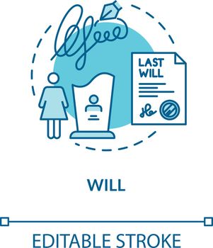 Will turquoise concept icon. Wealth inheritance. Testament of deceased person. Legacy for widow. Notary service idea thin line illustration. Vector isolated outline RGB color drawing. Editable stroke