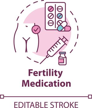 Fertility medication concept icon. Gynecology treatment. Pills and drugs. Reproductive technology idea thin line illustration. Vector isolated outline RGB color drawing. Editable stroke