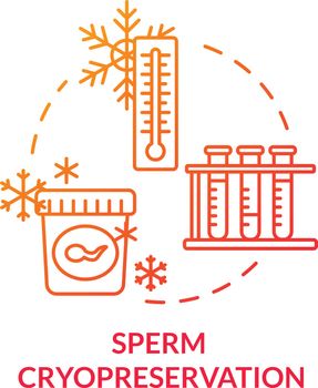 Sperm cryopreservation red concept icon. Infertility treatment. Semen banking. Male donation. Biotech. Reproductive technology idea thin line illustration. Vector isolated outline RGB color drawing