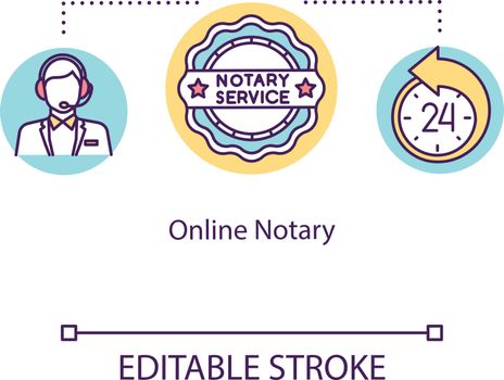 Online notary concept icon. Internet legal services. Advocate assistance. Contact adviser. Common law idea thin line illustration. Vector isolated outline RGB color drawing. Editable stroke