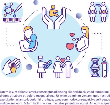 Reproductive technology concept icon with text. Surrogate mother. Egg donation. Alternative pregnancy. PPT page vector template. Brochure, magazine, booklet design element with linear illustrations