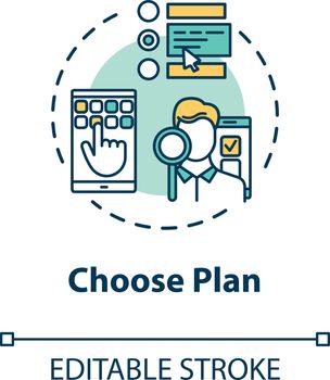 Choose plan concept icon. Select subscription option. Decide on internet tariff. Look at service list. Roaming idea thin line illustration. Vector isolated outline RGB color drawing. Editable stroke