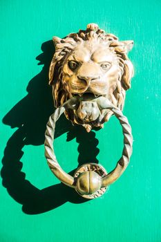 Decorative gilded lion head door knocker on green door