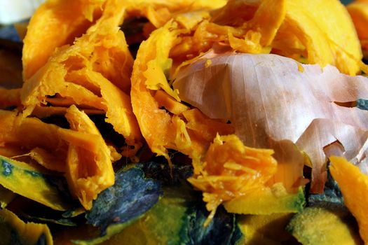 Orange pumpkin food waste scraps detail and onions