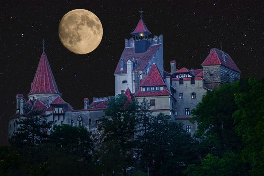Medieval Castle of Bran, known for Dracula story, in clear night with full Moon