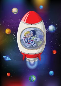 Rocket In Galaxy Space With Planets Cartoon