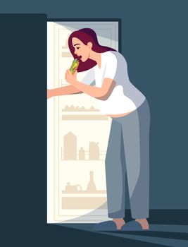 Overweight woman eating at night semi flat RGB color vector illustration