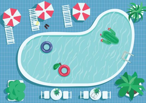 Top view round pool flat color vector illustration. Tile floor around water spot. Inflatable cactus for swimming. Poolside 2D cartoon landscape with lounger and umbrellas on background