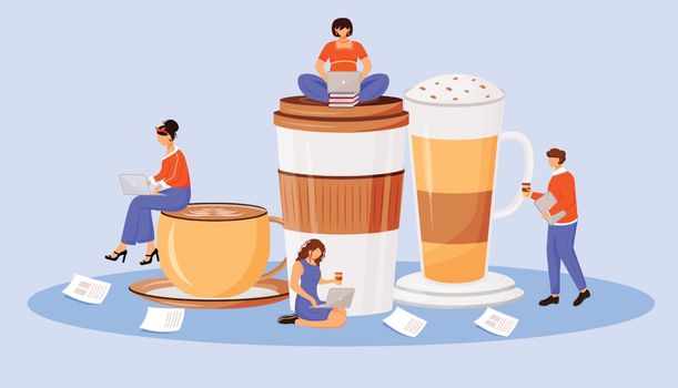Coffee culture flat concept vector illustration. Layered macchiato. Hot caffeine drinks. Group in coffeehouse. Colleagues 2D cartoon characters for web design. Working in coffee shop creative idea