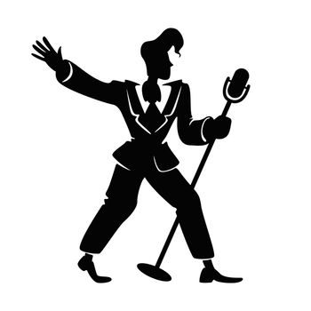 Jazz male singer black silhouette vector illustration. Retro person standing with microphone in fashion pose. 1920 style man, performer 2d cartoon character shape for commercial, animation, printing