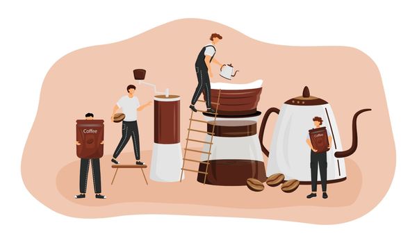 Coffee brewing methods flat concept vector illustration. Man making espresso. Americano preparation process. Serving fresh drink. Barista 2D cartoon characters for web design. Coffeeshop creative idea