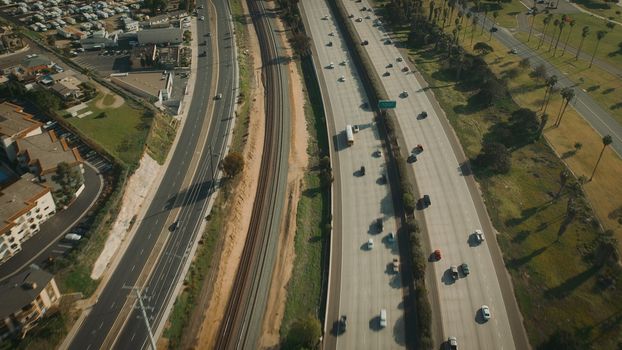 Aerial Flying over Freeway in California. Highway aerial View.