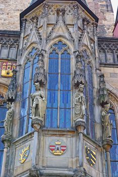 Town Hall in Prague, balcony detail with decorative elements and stained glass