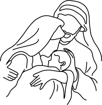 close-up Christmas nativity scene of Joseph and Mary holding bab