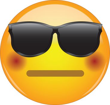 Cool flushed neutral face emoji. Awesome yellow face emoticon wearing sunglasses and having a small, closed mouth and blushing cheeks. Expressing embarrassment, disbelief, excitation.