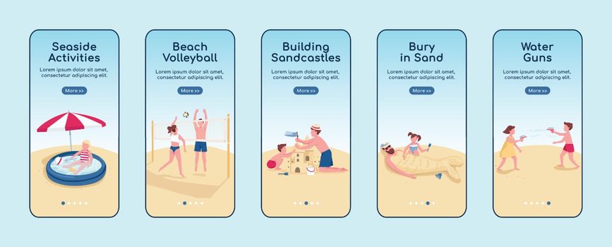 Beach games onboarding mobile app screen flat vector template. Building sandcastle activity. Walkthrough website steps with characters. UX, UI, GUI smartphone cartoon interface, case prints set