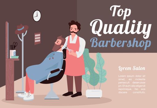 Top quality barber shop banner flat vector template. Brochure, poster concept design with cartoon characters. Trimming facial hair horizontal flyer, leaflet with place for textflyer, leaflet