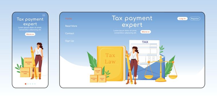Tax payment expert adaptive landing page flat color vector template. Financial consultancy mobile and PC homepage layout. Economist service one page website UI. Webpage cross platform design