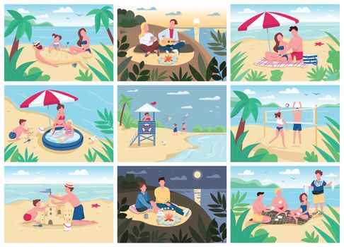 Beach activities flat color vector illustrations set. Children and adults summer vacation entertainment. Tourists sunbathing, playing volleyball, building sandcastle 2D cartoon characters