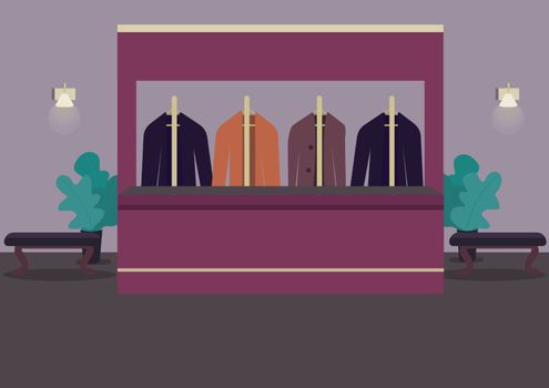 Cloakroom flat color vector illustration. Wardrobe to pick belongings. Theater hall. Restaurant lobby. Suits on hangers. Casino room 2D cartoon interior with receptionist counter on background