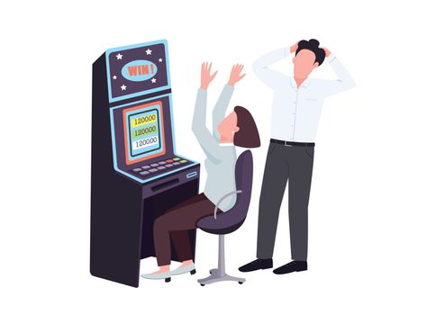 Gambler flat color vector faceless characters. Woman win at slot machine. Man watch female gambler. Person celebrates winning cash. Get jackpot at game of chance. Casino isolated cartoon illustration