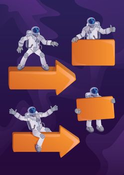 Astronaut in spacesuit 2d cartoon character illustrations kit. Cosmonaut with arrows and banners. Ready to use one comic flat hero set templates for commercial, animation, printing