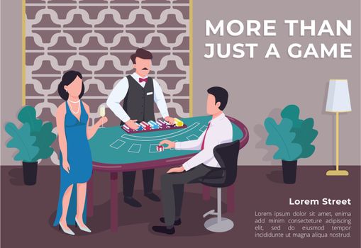 More than just a game poster flat vector template. Man and woman near blackjack table. Croupier count chips. Brochure, booklet one page concept design with cartoon characters. Casino flyer, leaflet