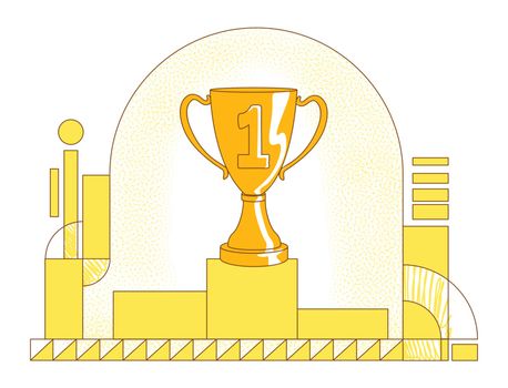 Pedestal with trophy flat silhouette vector illustration. Championship victory, tournament win contour composition on yellow background. First place prize, golden goblet simple style drawing