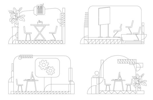 Company interior outline vector illustrations set. Empty corporate rooms contour composition on white background. Lounge zone, briefing room, and business offices simple style drawings pack