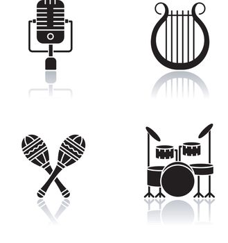 Band musical instruments drop shadow black glyph icons set