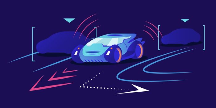 Driverless car flat color vector illustration. Autonomous transport, self driving vehicle on blue background. Smart electric car self navigating in urban traffic. Intelligent positioning system