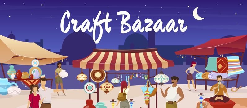 Craft bazaar flat color vector illustration. Egypt marketplace. Eastern market with souvenirs, carpets, pottery for tourist. Travelers, sellers cartoon characters with trade tents on background