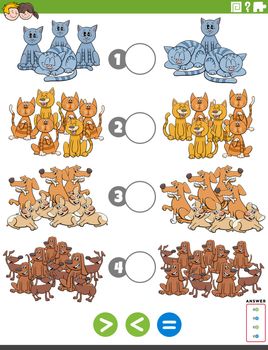 Cartoon Illustration of Educational Mathematical Puzzle Task of Greater Than, Less Than or Equal to for Children with Dogs and Cats Animal Characters Worksheet Page