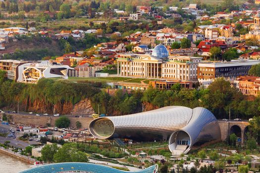 Aerial view on Presidential Administration, Concert Hall and park Rike. Tbilisi, Georgia.