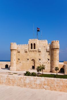 Citadel of Qaitbay fortress and its main entrance yard. Antique landmark in Alexandria, Egypt.