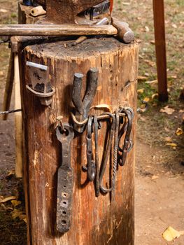 Medieval blacksmith tools. Annual festival Times and Epochs. Historical reconstruction. Moscow, Russia.