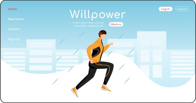 Willpower landing page flat color vector template. Athlete homepage layout. Wet weather one page website interface with cartoon character. Male in sportswear and sneakers web banner, webpage