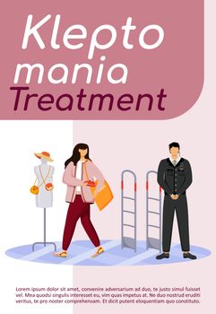 Kleptomania treatment poster flat vector template. Shop theft. Shoplifting. Woman stealing purse. Urge to steal. Brochure, booklet one page concept design with cartoon characters. Flyer, leaflet