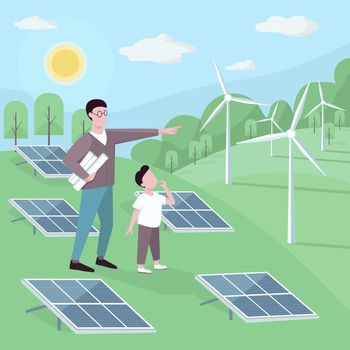 Father and son at alternative energy station flat color vector illustration. Renewable power generation. Man and kid near solar panels, wind turbines 2D cartoon characters with landscape on background