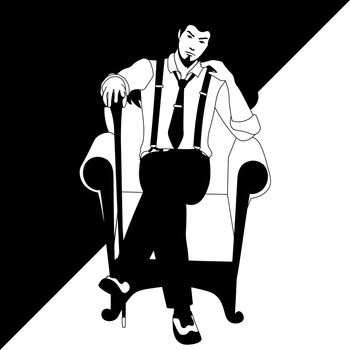 black and white line art of old-fashioned man sitting on the armchair