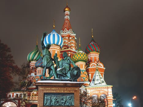 Saint Basil Cathedral and Monument to Minin and Pozharsky. Famous landmark of Moscow, Russia.