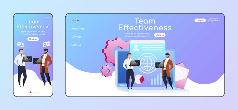 Team effectiveness adaptive landing page flat color vector template. Employees keep laptops mobile and PC homepage layout. Teamwork one page website UI. CRM system webpage cross platform design