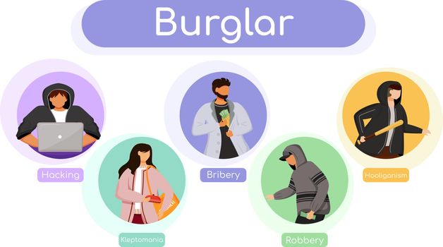 Burglar flat color vector informational infographic template. Hacking. Bribery, robbery. Poster, booklet, PPT page concept design with cartoon characters. Advertising flyer, leaflet, info banner idea