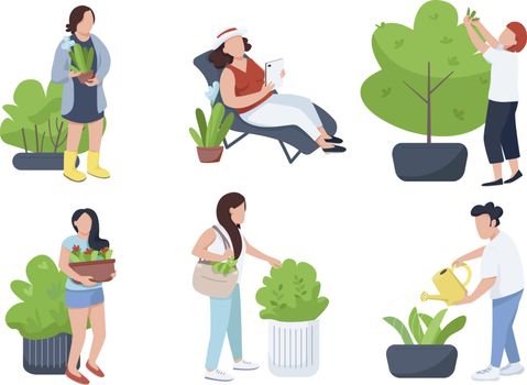 People with plants, gardeners and botanists flat color vector fa
