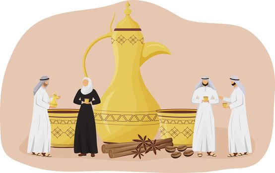 Coffee culture flat concept vector illustration. Traditional ceremony with dallah pot set. Turkish hospitality. Arabian 2D cartoon characters for web design. Coffeehouse creative idea
