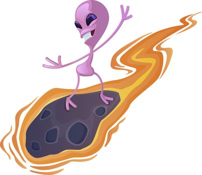 Alien on meteorite flat cartoon vector illustration. Entertainin