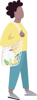 Woman with reusable mesh net flat color vector faceless character. African american customer, shopper using eco string handbag isolated cartoon illustration for web graphic design and animation