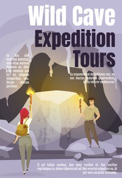Wild cave expedition tours magazine cover template. Journal mockup design. Vector page layout with flat character. Cavern exploration advertising cartoon illustration with text space