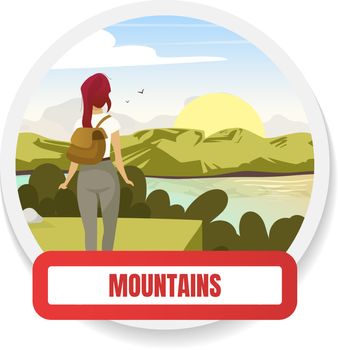 Mountains flat color vector badge. Trekking on hills peak. Adventure and toursim. Backpacking and wilderness exploration. Hiking graphic sticker. Expedition isolated cartoon design element