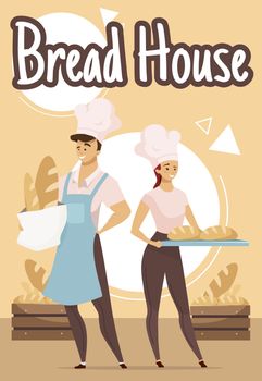 Bread house poster vector template. Couple of bakers. Bakery. Bakehouse. Brochure, cover, booklet page concept design with flat illustrations. Advertising flyer, leaflet, banner layout idea